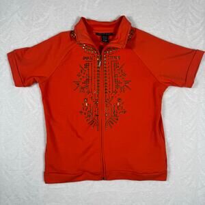 Mirror Or Image Womens S Orange Short Sleeve Full Zip Jacket Stud Embellishments